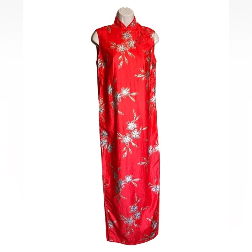 Vintage Paradise Hawaii Red Silver Gold Sleeveless Dress